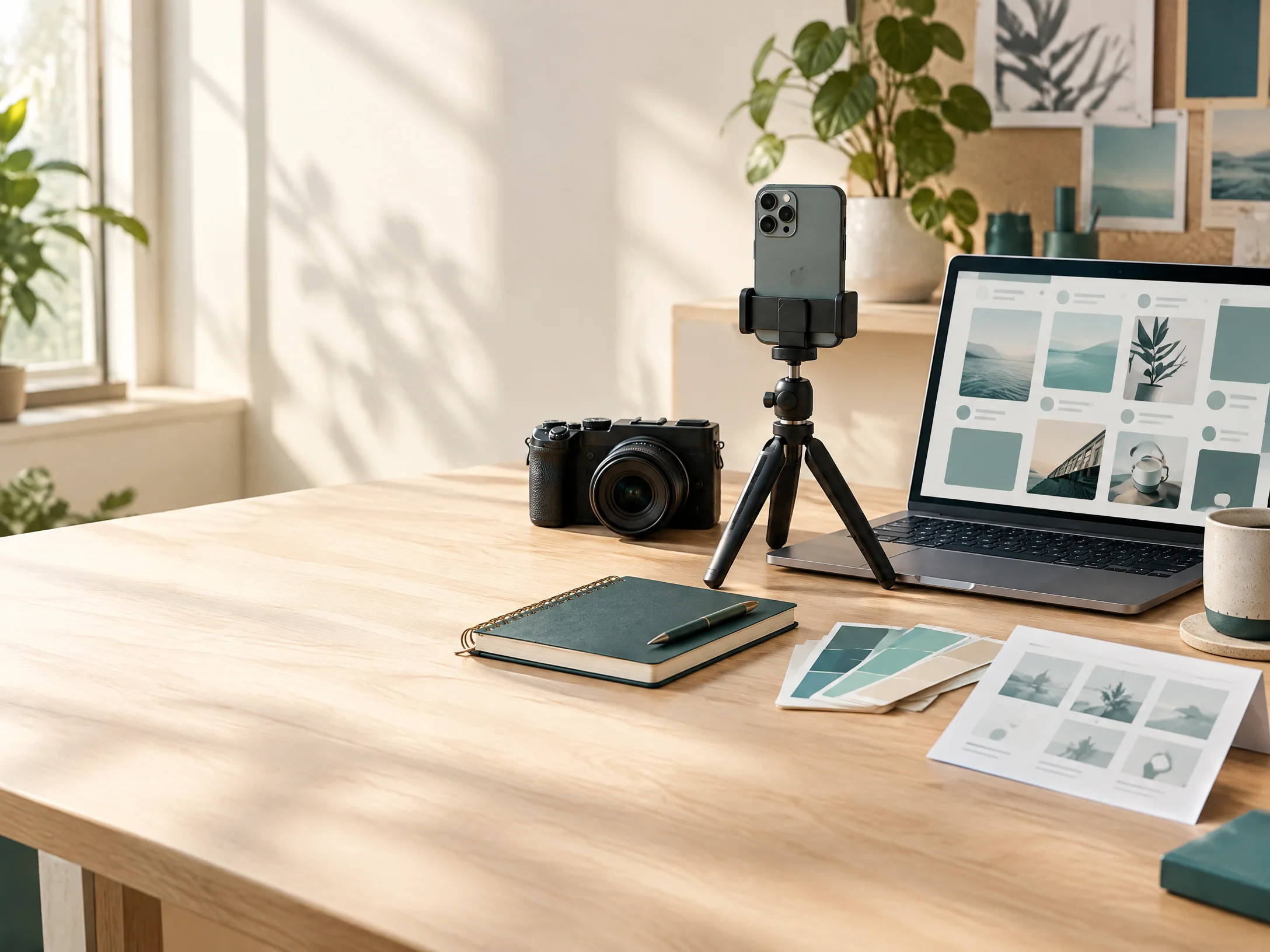 Kamera, Smartphone und Content-Planung für professionelles Social Media Management
